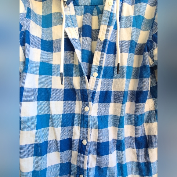 L.L Bean white and blue plaid textured twill button front hoodie - Picture 6 of 9